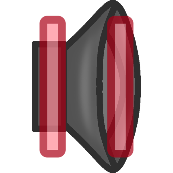 a grey speaker facing right with 3 blue lines to the right of it. 2 red vertical lines are overlayed